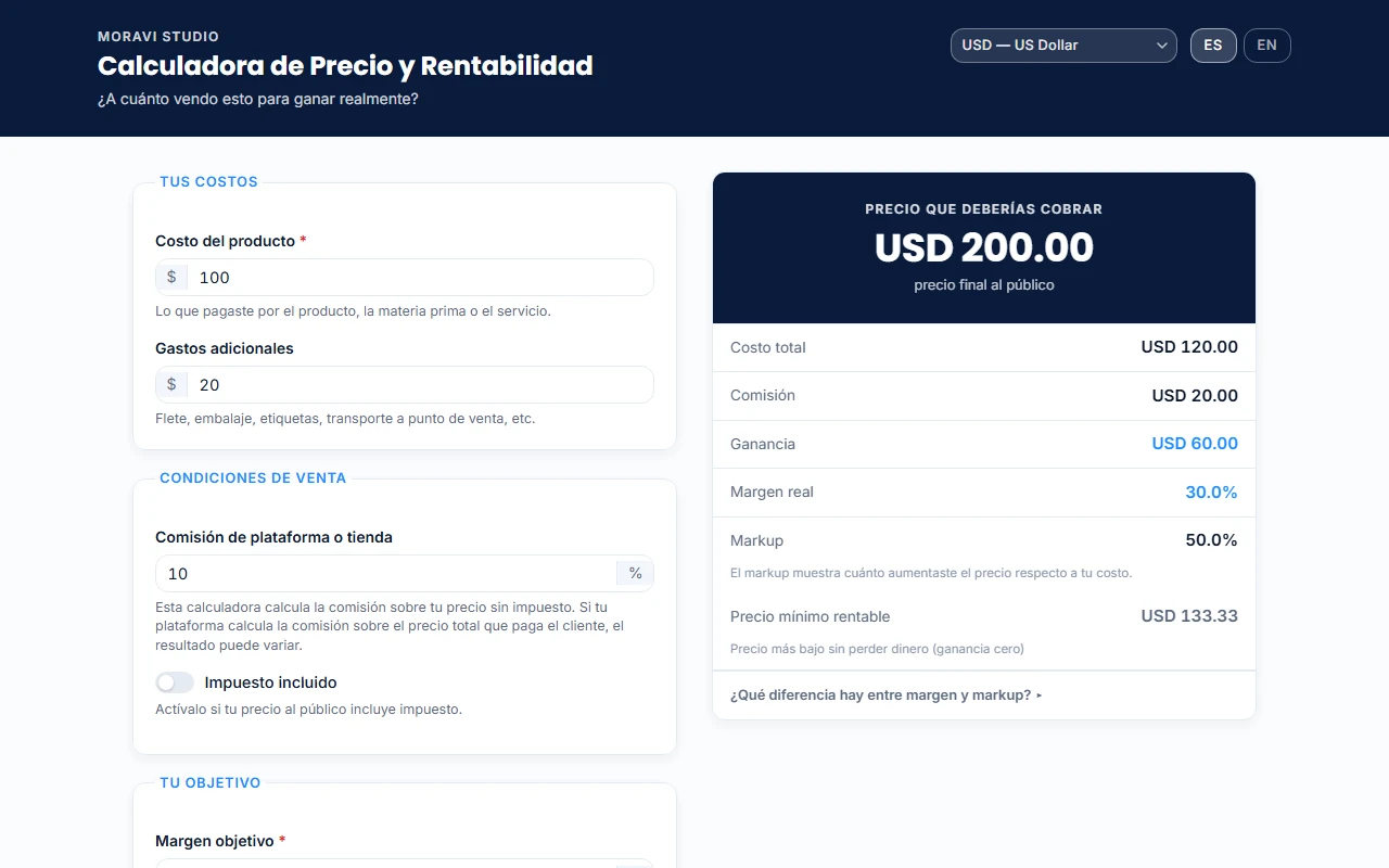 Interfaz de la Calculadora de Precio y Rentabilidad de Moravi Studio