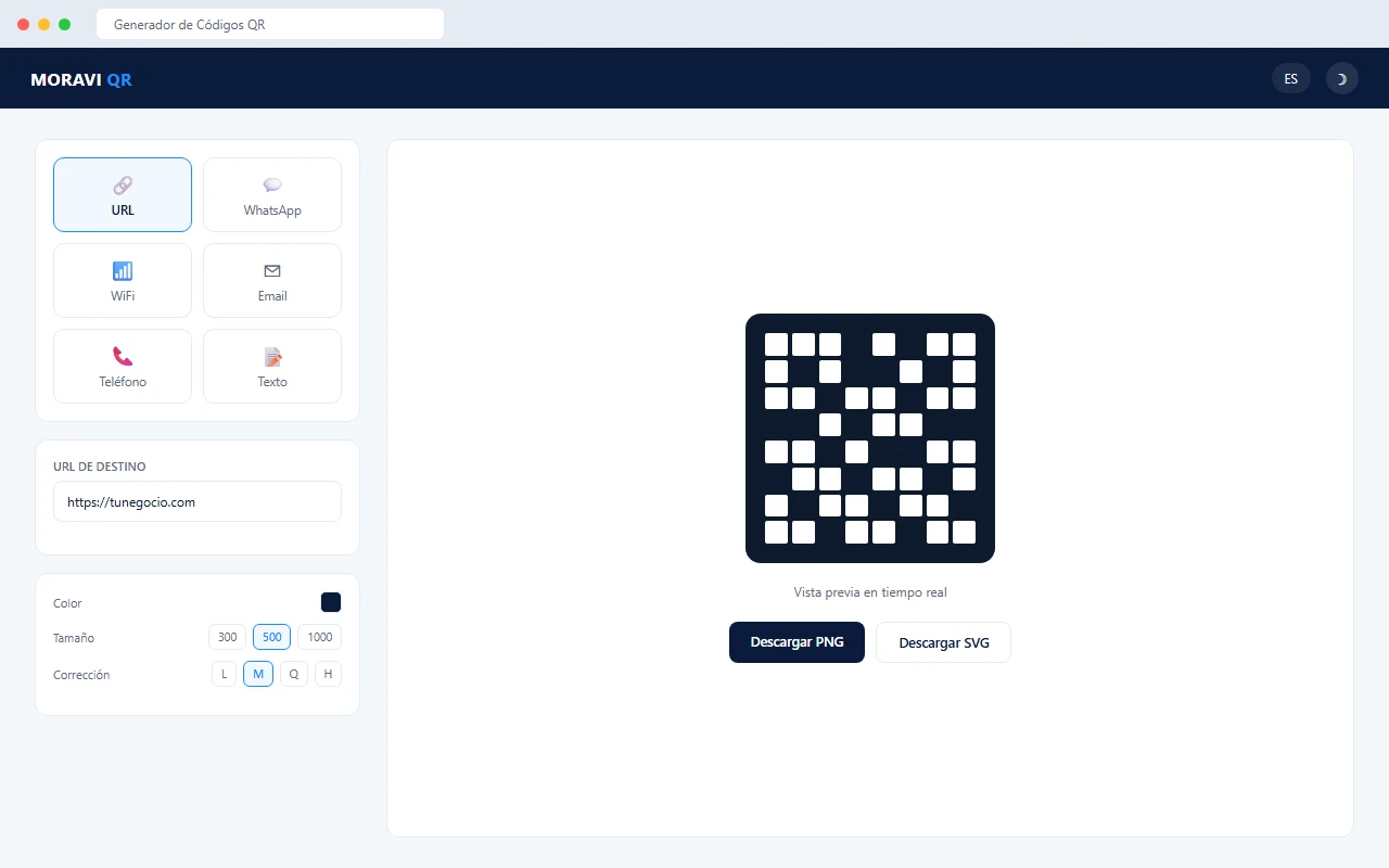 Interfaz del Generador de Códigos QR de Moravi Studio