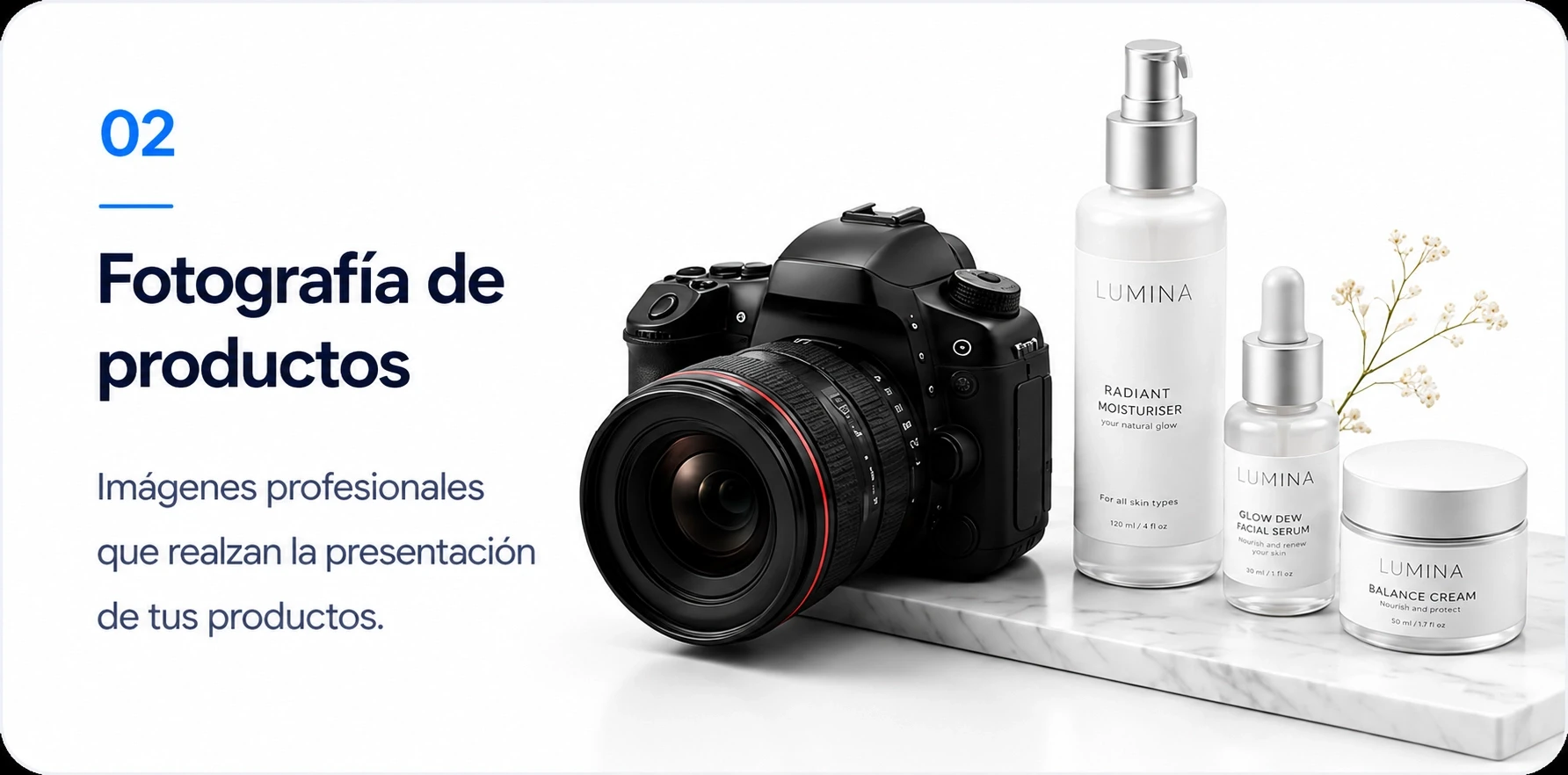 02. Fotografía de productos: imágenes profesionales que realzan la presentación de tus productos.